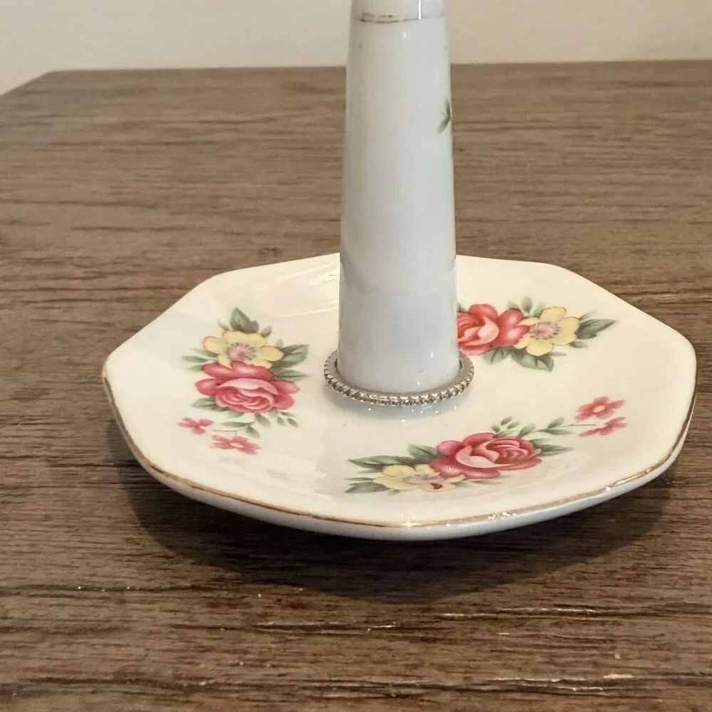 Vintage Porcelain Pink & Yellow Floral Ring Jewelry Holder Gold Trim 3” Tall